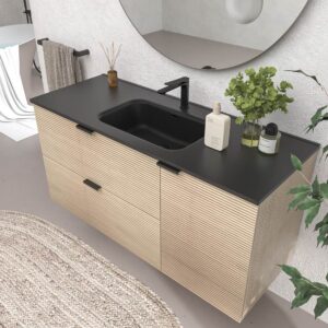 Mueble de baño suspendido 2 cajones / 1 puerta  VITO ALCATRAZ  con lavabo porcelana NEGRO