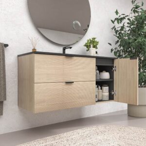 Mueble de baño suspendido 2 cajones / 1 puerta  VITO ALCATRAZ  con lavabo porcelana NEGRO