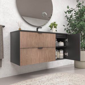 Mueble de baño suspendido 2 cajones / 1 puerta  VITO bicolor BASTILLA/NEGRO  con lavabo porcelana NEGRO