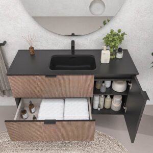 Mueble de baño suspendido 2 cajones / 1 puerta  VITO bicolor BASTILLA/NEGRO  con lavabo porcelana NEGRO