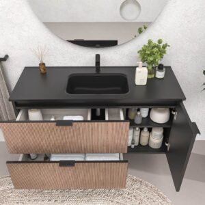 Mueble de baño suspendido 2 cajones / 1 puerta  VITO bicolor BASTILLA/NEGRO  con lavabo porcelana NEGRO