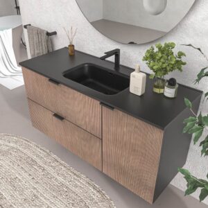 Mueble de baño suspendido 2 cajones / 1 puerta  VITO bicolor BASTILLA/NEGRO  con lavabo porcelana NEGRO