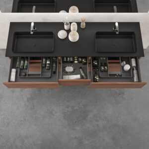 Mueble de baño suspendido DUNE 6 cajones OLMO con encimera SOLID SURFACE 2 senos acabado Negro