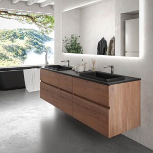 Mueble de baño suspendido DUNE 6 cajones OLMO con encimera SOLID SURFACE 2 senos acabado Negro