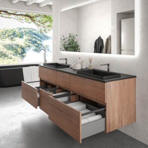 Mueble de baño suspendido DUNE 6 cajones OLMO con encimera SOLID SURFACE 2 senos acabado Negro