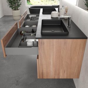 Mueble de baño suspendido DUNE 6 cajones OLMO con encimera SOLID SURFACE 2 senos acabado Negro