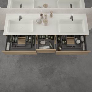 Mueble de baño suspendido DUNE 6 cajones ROBLE ULLOA con encimera SOLID SURFACE 2 senos acabado Blanco
