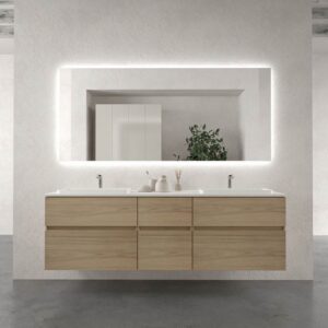 Mueble de baño suspendido DUNE 6 cajones ROBLE ULLOA con encimera SOLID SURFACE 2 senos acabado Blanco