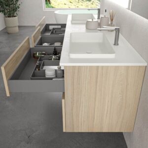 Mueble de baño suspendido DUNE 6 cajones ROBLE ULLOA con encimera SOLID SURFACE 2 senos acabado Blanco