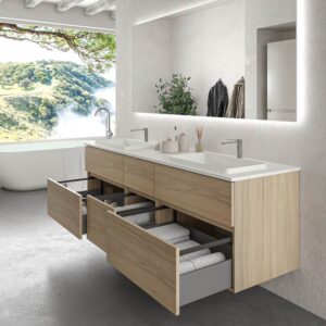 Mueble de baño suspendido DUNE 6 cajones ROBLE ULLOA con encimera SOLID SURFACE 2 senos acabado Blanco