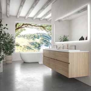 Mueble de baño suspendido DUNE 6 cajones ROBLE ULLOA con encimera SOLID SURFACE 2 senos acabado Blanco
