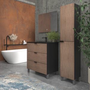 Mueble de baño con patas 3 cajones LUXOR bicolor BASTILLA/NEGRO con encimera porcelana NEGRO