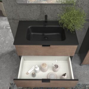 Mueble de baño con patas 3 cajones LUXOR bicolor BASTILLA/NEGRO con encimera porcelana NEGRO