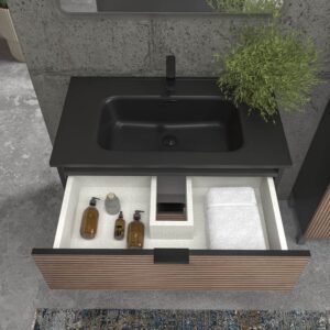Mueble de baño con patas 3 cajones LUXOR bicolor BASTILLA/NEGRO con encimera porcelana NEGRO