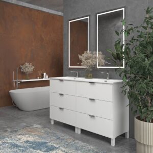 Mueble de baño con patas 6 cajones LUXOR BLANCO con encimera porcelana BLANCO