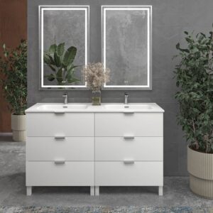 Mueble de baño con patas 6 cajones LUXOR BLANCO con encimera porcelana BLANCO