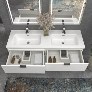 Mueble de baño con patas 6 cajones LUXOR BLANCO con encimera porcelana BLANCO