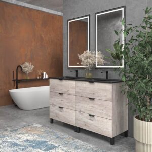 Mueble de baño con patas 6 cajones LUXOR HORMIGON con encimera porcelana NEGRO