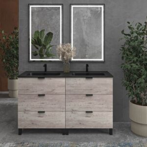 Mueble de baño con patas 6 cajones LUXOR HORMIGON con encimera porcelana NEGRO