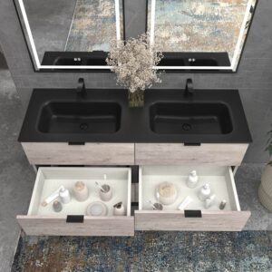 Mueble de baño con patas 6 cajones LUXOR HORMIGON con encimera porcelana NEGRO