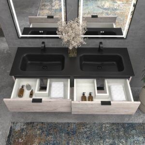 Mueble de baño con patas 6 cajones LUXOR HORMIGON con encimera porcelana NEGRO