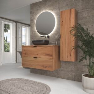 Mueble de baño suspendido 2 cajones ADAM  con tapa acabado MOHAVE - Lavabo porcelana sobre encimera HORUS negro
