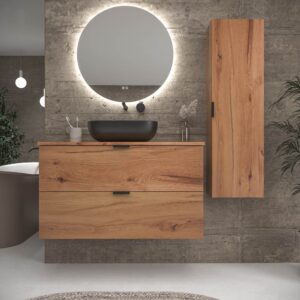 Mueble de baño suspendido 2 cajones ADAM  con tapa acabado MOHAVE - Lavabo porcelana sobre encimera HORUS negro