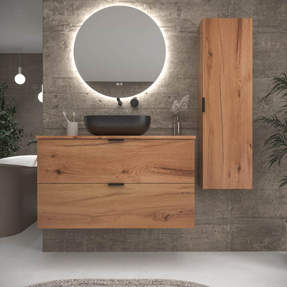 Mueble de baño suspendido 2 cajones ADAM con tapa acabado MOHAVE - Lavabo porcelana sobre encimera HORUS negro