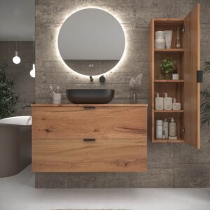 Mueble de baño suspendido 2 cajones ADAM  con tapa acabado MOHAVE - Lavabo porcelana sobre encimera HORUS negro