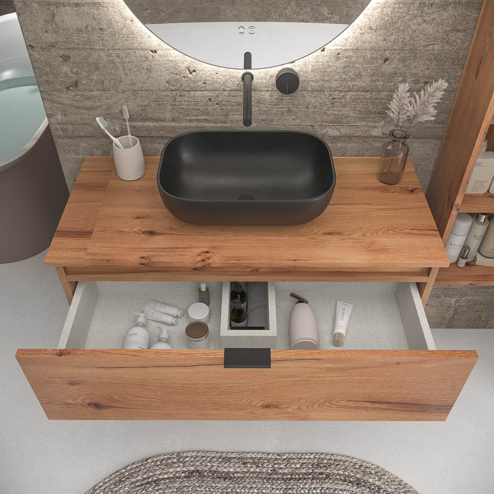 Mueble de baño suspendido 2 cajones ADAM con tapa acabado MOHAVE - Lavabo porcelana sobre encimera HORUS negro - Imagen 3