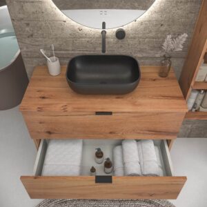 Mueble de baño suspendido 2 cajones ADAM  con tapa acabado MOHAVE - Lavabo porcelana sobre encimera HORUS negro
