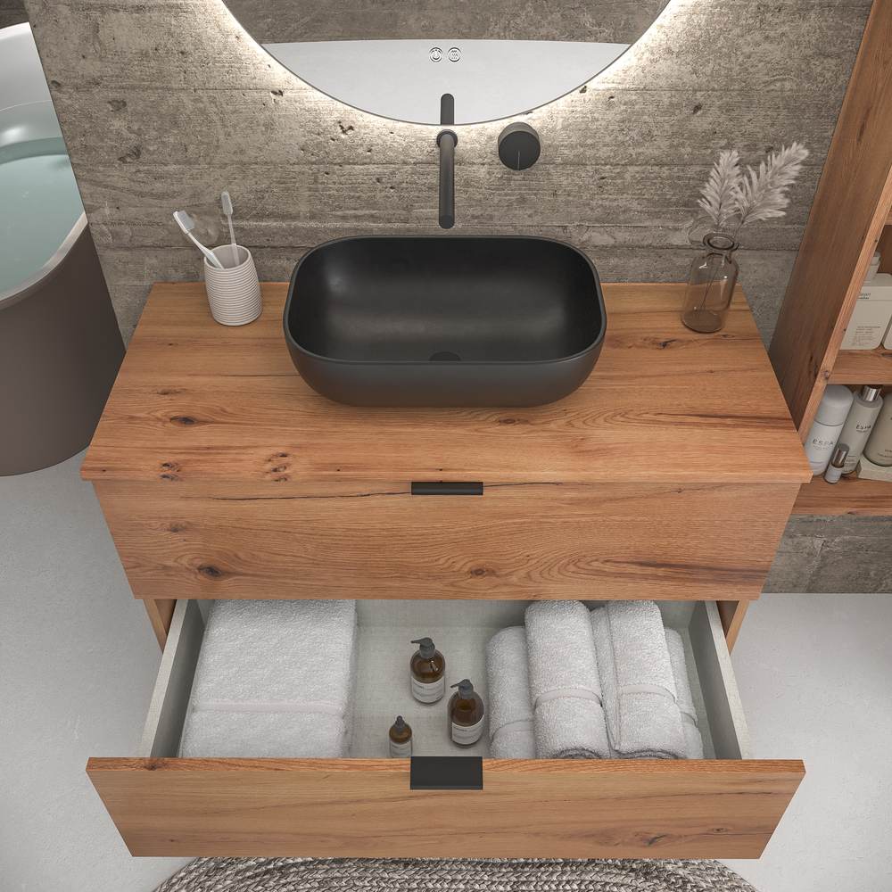 Mueble de baño suspendido 2 cajones ADAM con tapa acabado MOHAVE - Lavabo porcelana sobre encimera HORUS negro - Imagen 2