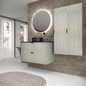 Mueble de baño suspendido 2 cajones ADAM  con tapa acabado POLAR - Lavabo porcelana sobre encimera OSIRIS negro