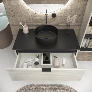 Mueble de baño suspendido 2 cajones ADAM  con tapa acabado POLAR - Lavabo porcelana sobre encimera OSIRIS negro