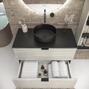 Mueble de baño suspendido 2 cajones ADAM  con tapa acabado POLAR - Lavabo porcelana sobre encimera OSIRIS negro