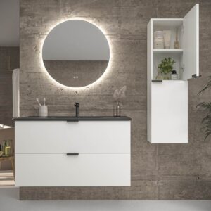 Mueble de baño suspendido 2 cajones ADAM acabado BLANCO  con lavabo porcelana NEGRO