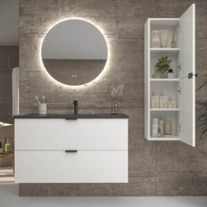 Mueble de baño suspendido 2 cajones ADAM acabado BLANCO  con lavabo porcelana NEGRO