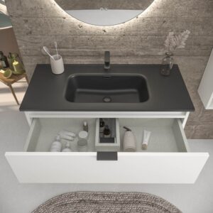 Mueble de baño suspendido 2 cajones ADAM acabado BLANCO  con lavabo porcelana NEGRO