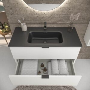 Mueble de baño suspendido 2 cajones ADAM acabado BLANCO  con lavabo porcelana NEGRO