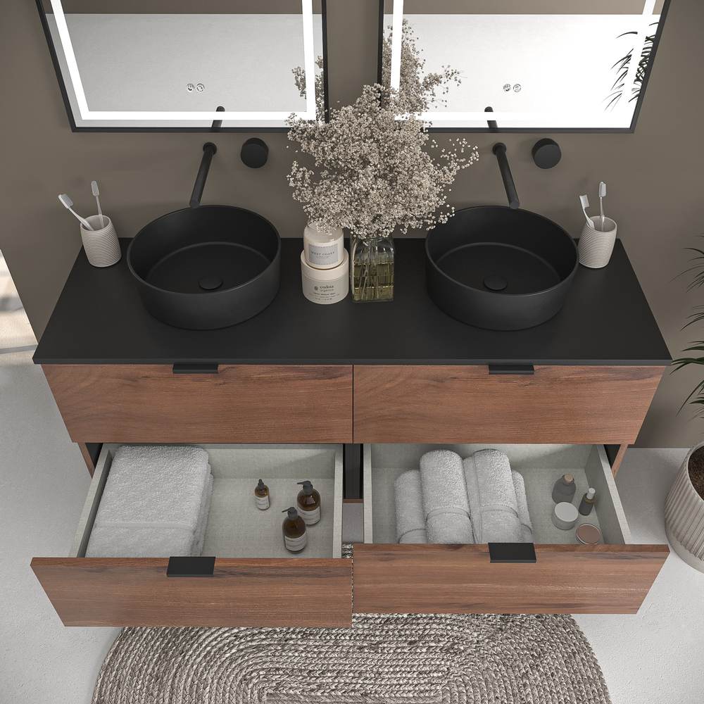Mueble de baño suspendido 4 cajones ADAM con tapa acabado OLMO - Lavabo porcelana sobre encimera OSIRIS negro - Imagen 3