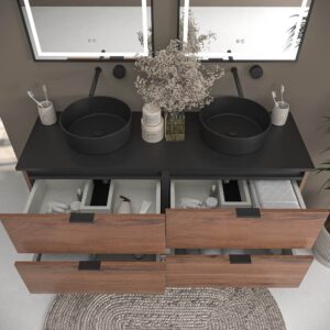 Mueble de baño suspendido 4 cajones ADAM con tapa acabado OLMO - Lavabo porcelana sobre encimera OSIRIS negro