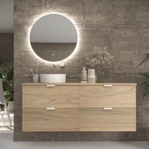 Mueble de baño suspendido 4 cajones ADAM con tapa acabado ROBLE ULLOA - Lavabo porcelana sobre encimera OSIRIS blanco