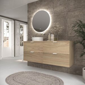 Mueble de baño suspendido 4 cajones ADAM con tapa acabado ROBLE ULLOA - Lavabo porcelana sobre encimera OSIRIS blanco