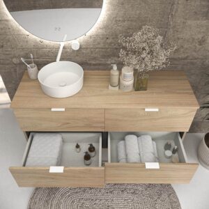 Mueble de baño suspendido 4 cajones ADAM con tapa acabado ROBLE ULLOA - Lavabo porcelana sobre encimera OSIRIS blanco
