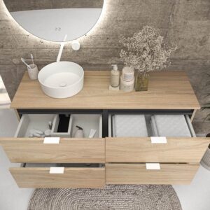 Mueble de baño suspendido 4 cajones ADAM con tapa acabado ROBLE ULLOA - Lavabo porcelana sobre encimera OSIRIS blanco