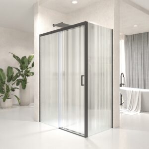 Mampara de ducha NOVUM rectangular 1 fijo - 1 puerta corredera + 1 fijo vidrio 6 mm.  vidrio acanalado ACERO INOXIDABLE Gun metal