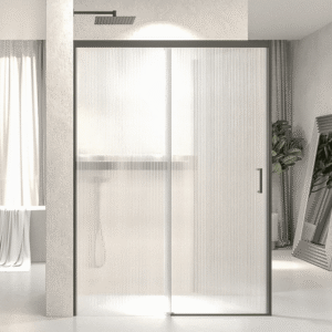 Mampara de ducha NOVUM rectangular 1 fijo - 1 puerta corredera + 1 fijo vidrio 6 mm.  vidrio acanalado ACERO INOXIDABLE Gun metal