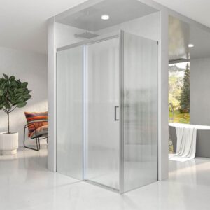 Mampara de ducha NOVUM rectangular 1 fijo - 1 puerta corredera + 1 fijo vidrio 6 mm.  vidrio acanalado ACERO INOXIDABLE