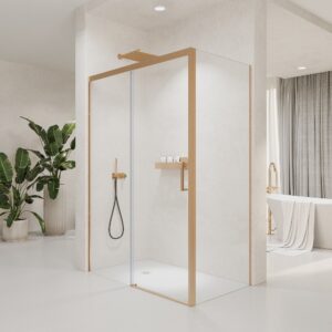 Mampara de ducha NOVUM rectangular 1 fijo - 1 puerta corredera + 1 fijo vidrio 6 mm.  transparente ACERO INOXIDABLE Cobre mate