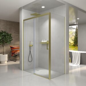 Mampara de ducha NOVUM rectangular 1 fijo - 1 puerta corredera + 1 fijo vidrio 6 mm.  transparente ACERO INOXIDABLE Oro mate